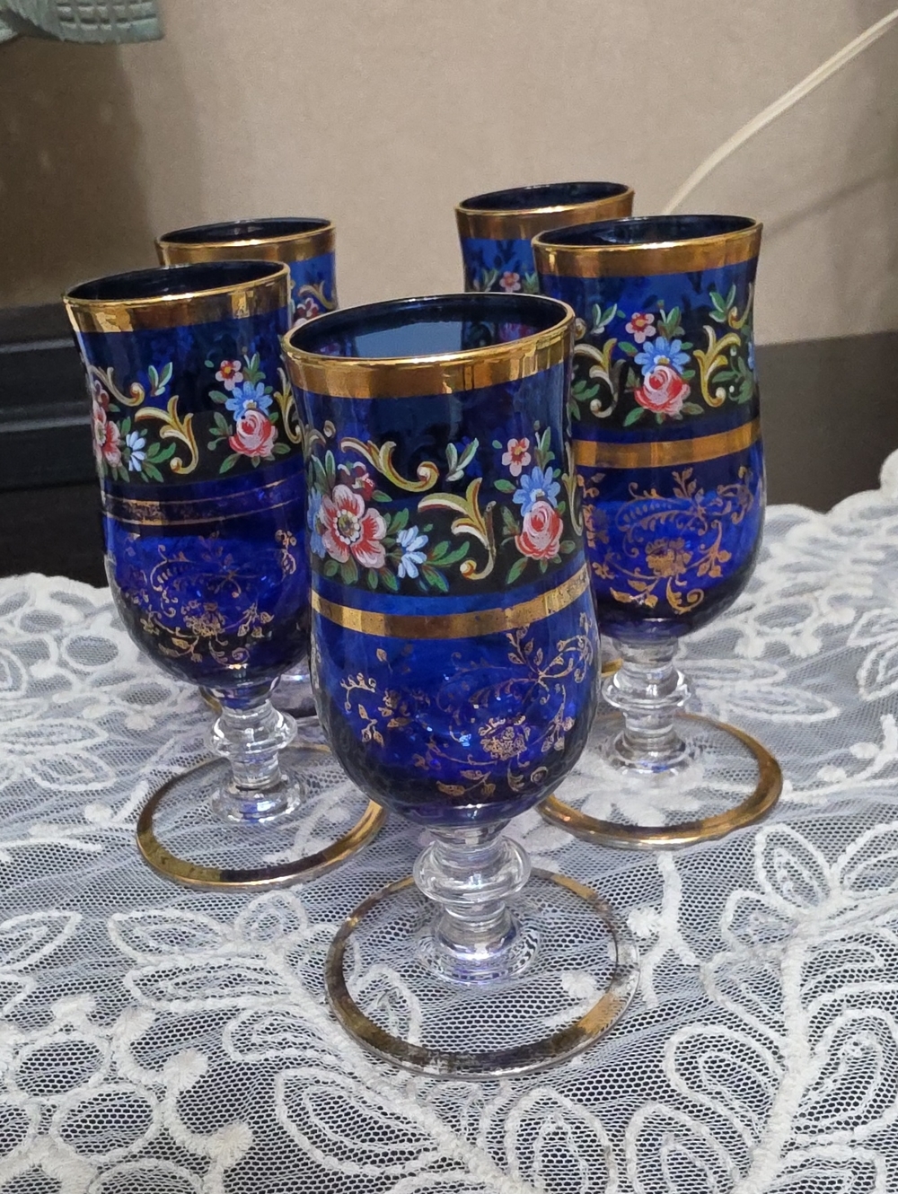 Vtg 5 Bohemian Czech cobalt blue glass with Floral Motif and Gold Trim Liquor